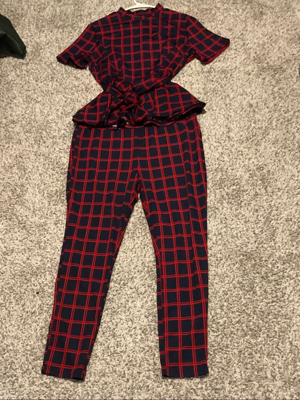 SHEIN Navy & Red Plaid Peplum Jumpsuit with Tie Waist